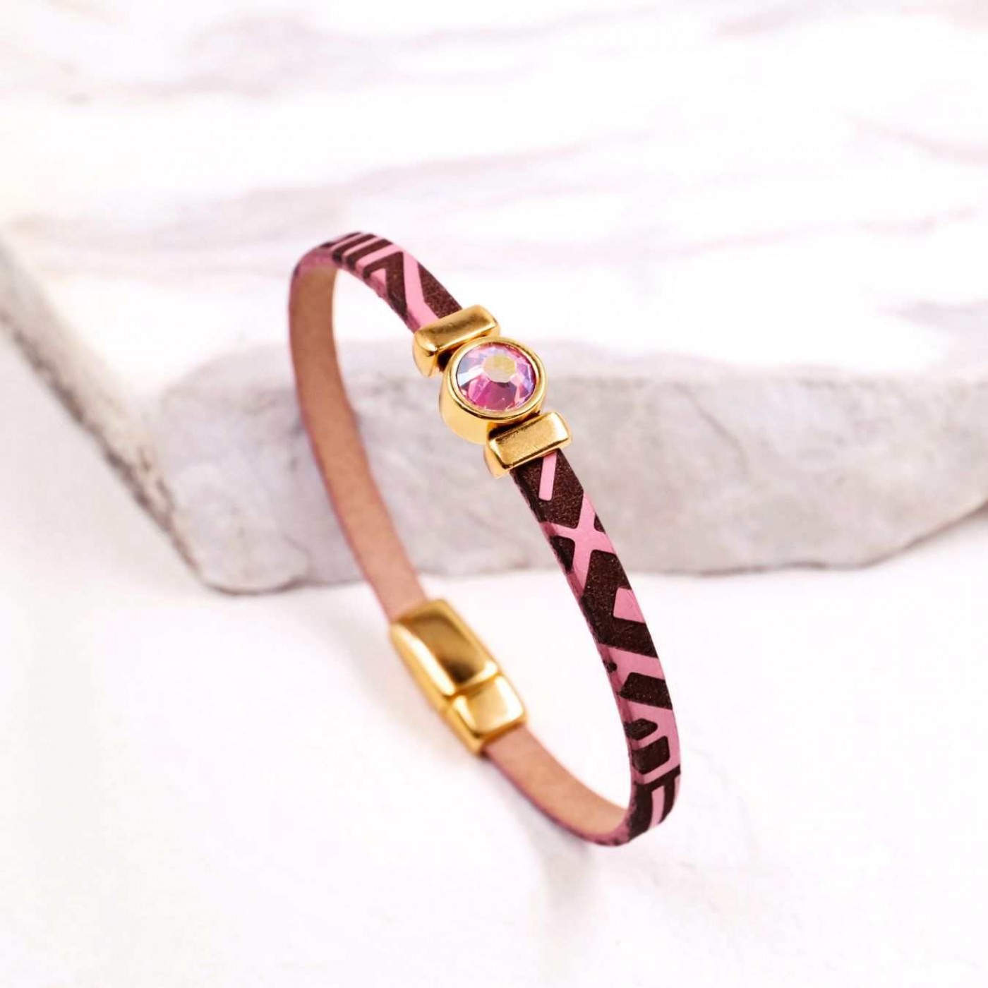 Βραχιόλι Toolittle – Κρύσταλλο Swarovski – Δέρμα με Χάραξη - Ροζ